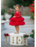 Long Sleeves Red Lace Tulle Ruffled Flower Girl Dress